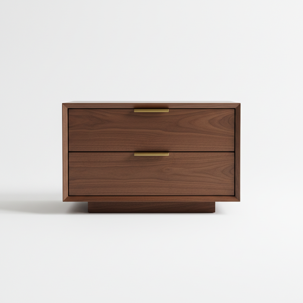 Solid walnut nightstand with two drawers and brass pulls